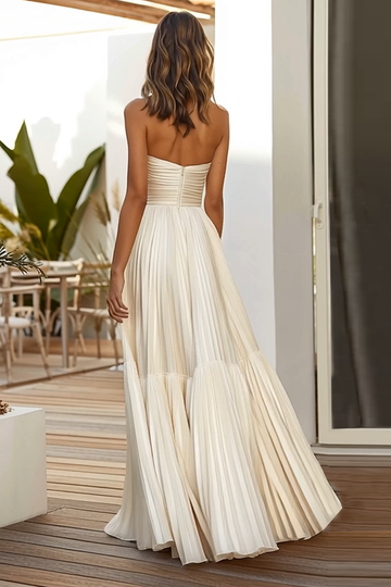 Champagne A Line Strapless Pleated Long Wedding Guest Dress